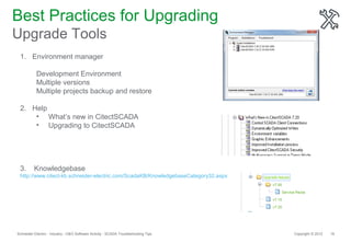 Best Practices for Upgrading
Upgrade Tools
 1. Environment manager

           Development Environment
           Multiple versions
           Multiple projects backup and restore

 2. Help
     • What’s new in CitectSCADA
     • Upgrading to CitectSCADA




 3.       Knowledgebase
 http://www.citect-kb.schneider-electric.com/ScadaKB/KnowledgebaseCategory32.aspx




Schneider Electric - Industry - O&O Software Activity - SCADA Troubleshooting Tips   Copyright © 2012   19
 
