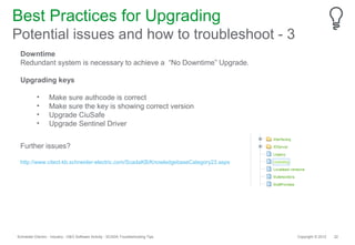 Best Practices for Upgrading
Potential issues and how to troubleshoot - 3
 Downtime
 Redundant system is necessary to achieve a “No Downtime” Upgrade.

 Upgrading keys

           •       Make sure authcode is correct
           •       Make sure the key is showing correct version
           •       Upgrade CiuSafe
           •       Upgrade Sentinel Driver


 Further issues?

 http://www.citect-kb.schneider-electric.com/ScadaKB/KnowledgebaseCategory23.aspx




Schneider Electric - Industry - O&O Software Activity - SCADA Troubleshooting Tips   Copyright © 2012   22
 