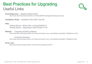 Best Practices for Upgrading
Useful Links
 Knowledge base – Upgrade related articles
           http://www.citect-kb.schneider-electric.com/ScadaKB/KnowledgebaseCategory32.aspx

 Installation Guide - Installation Files (DVD / Zip file)

 Help
           Getting Started > What's New in CitectSCADAV7.x
           Getting Started > Upgrading to CitectSCADA V7.20

 Website             - Upgrading SCADA guidelines
           http://www.citect.schneider-electric.com/index.php?option=com_content&view=article&id=1553&Itemid=1540

                     - Authcode Generator
           http://www.citect.schneider-electric.com/index.php?option=com_content&view=article&id=1592&Itemid=942

 Driver web
           http://www.citect.schneider-electric.com/forum/forumdisplay.php?f=2




Schneider Electric - Industry - O&O Software Activity - SCADA Troubleshooting Tips                                 Copyright © 2012   23
 