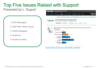 Top Five Issues Raised with Support
Presented by L. Duguid



           1. Driver Debugging

           2. Web Client / Server Issues

           3. Cicode Debugging

           4. Clustering

           5. Runtime Crashes



                                                                                     Schneider Electric SCADA & MES




Schneider Electric - Industry - O&O Software Activity - SCADA Troubleshooting Tips                                    Copyright © 2012   3
 