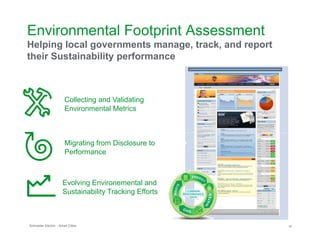 Environmental Footprint Assessment
Helping local governments manage, track, and report
their Sustainability performance



                        Collecting and Validating
                        Environmental Metrics



                        Migrating from Disclosure to
                        Performance



                       Evolving Environemental and
                       Sustainability Tracking Efforts



Schneider Electric - Smart Cities                        10
 