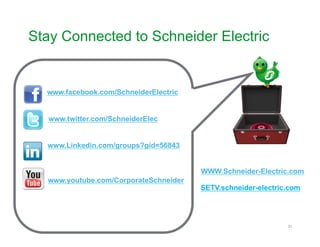 Stay Connected to Schneider Electric


            www.facebook.com/SchneiderElectric


             www.twitter.com/SchneiderElec


            www.Linkedin.com/groups?gid=56843


                                                 WWW.Schneider-Electric.com
            www.youtube.com/CorporateSchneider
                                                 SETV.schneider-electric.com




Schneider Electric - Division - Name – Date                             21
 