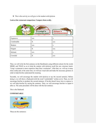 ❖ This is the activity we will give to the student with dyslexia
Look at the restaurant comparison. Compare them orally.
Expensive xxx x
Comfortable X xxx
Modern xxx x
Elegant X xxx
Intimate xxx x
Crowded X xxx
Then, we will write the first sentence on the blackboard, using different colours for the words
MORE and THAN so as to help the student with dyslexia recall the new structure learnt:
“Luigi´s restaurant is more expensive than Gino´s restaurant”. After that, we will say it many
times orally and, at the same time, we will use visual aids and make the necessary gestures in
order to help him/her understand the meaning.
Secondly, we will encourage the student with dyslexia to say the second sentence. Before
doing it, we will show a flashcard (with the word “comfortable” written on it). Then, we will
encourage him/her to produce the second sentence. If he/she doesn't know how to express it,
we will help him/her by saying the sentence. Then, we will encourage him/her to repeat it
after us. The same procedure will be done with the last sentence.
This is the flashcard:
COMFORTABLE
These are the sentences:
 
