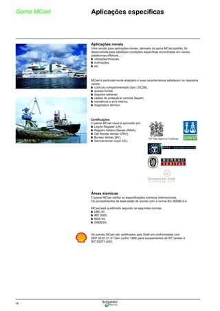 14
Gama MCset Aplicações específicas 0
Aplicações navais
Uma versão para aplicações navais, derivada da gama MCset padrão, foi
desenvolvida para satisfazer condições específicas encontradas em navios,
plataformas offshore,…:
b vibrações/choques,
b inclinações,
b etc.
MCset é particularmente adaptado e suas características satisfazem os requisitos
navais:
b cubículo compartimentado (tipo LSC2B),
b acesso frontal,
b disjuntor extraível,
b cadeia de proteção e controle Sepam,
b resistência a arco interno,
b diagnóstico térmico.
Áreas sísmicas
O painel MCset satifaz as especificações sísmicas internacionais.
Os procedimentos de teste estão de acordo com a norma IEC 60068-3-3.
MCset está qualificado segundo as seguintes normas:
b UBC 97,
b IBC 2000,
b MSK 64,
b ENDESA.
Os painéis MCset são certificados pela Shell em conformidade com
DEP 33.67.51.31 Gen (Julho 1998) para equipamentos de MT (anexo à
IEC 62271-200).
Certificações
O painel MCset naval é aprovado por:
b Lloyds Register (LR),
b Registro Italiano Navale (RINA),
b Det Norske Veritas (DNV),
b Bureau Veritas (BV),
b Germanischer Lloyd (GL).
 