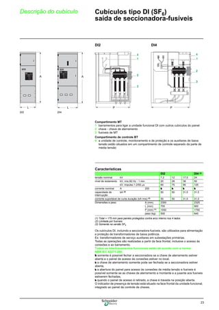 23
Descrição do cubículo Cubículos tipo DI (SF6)
saída de seccionadora-fusíveis
Os cubículos DI, incluindo a seccionadora-fusíveis, são utilizados para alimentação
e proteção de transformadores de baixa potência.
Ex: transformadores de serviço auxiliares em subestações primárias.
Todas as operações são realizadas a partir da face frontal, inclusive o acesso às
conexões e ao barramento.
Todos os intertravamentos funcionais estão de acordo com a norma
NBR IEC 62271-200:
b somente é possível fechar a seccionadora se a chave de aterramento estiver
aberta e o painel de acesso às conexões estiver no local,
b a chave de aterramento somente pode ser fechada se a seccionadora estiver
aberta,
b a abertura do painel para acesso às conexões de média tensão e fusíveis é
possível somente se as chaves de aterramento a montante e a jusante aos fusíveis
estiverem fechadas,
b quando o painel de acesso é retirado, a chave é travada na posição aberta.
O indicador de presença de tensão está situado na face frontal da unidade funcional,
integrado ao painel de controle de chaves.
DI2 DI4
DI2 DI4
Compartimento MT
1 barramentos para ligar a unidade funcional DI com outros cubículos do painel
2 chave - chave de aterramento
3 fusíveis de MT
Compartimento de controle BT
4 a unidade de controle, monitoramento e de proteção e os auxiliares de baixa
tensão estão situados em um compartimento de controle separado da parte de
média tensão
L
A
L
A
P P
Características
DI2 DI4 (3)
tensão nominal kV 7,2 12 17,5 24
nível de isolamento kV, rms 60 Hz - 1 min 20 28 38 50
kV, impulso 1.2/50 μs 60 75 95 125
corrente nominal A 200 b b b b
capacidade de
interrupção
kA (2) 50 50 31,5 31,5
corrente suportável de curta duração (kA rms) (2) 50 50 31,5 31,5
Dimensões e peso A (mm) 2300 2325
L (mm) 700 900
P (mm) (1) 1550 1750
peso (kg) 500 640
(1) Total + 175 mm para painéis protegidos contra arco interno nos 4 lados
(2) Limitada por fusíveis
(3) Somente na versão SF6
 