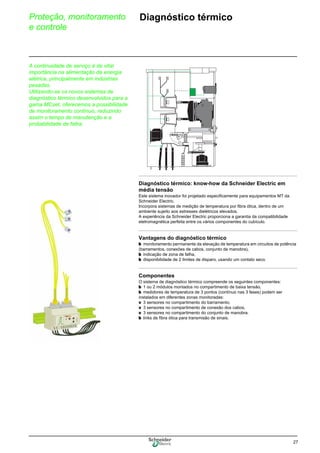 27
Proteção, monitoramento
e controle
0Diagnóstico térmico
Diagnóstico térmico: know-how da Schneider Electric em
média tensão
Este sistema inovador foi projetado especificamente para equipamentos MT da
Schneider Electric.
Incorpora sistemas de medição de temperatura por fibra ótica, dentro de um
ambiente sujeito aos estresses dielétricos elevados.
A experiência da Schneider Electric proporciona a garantia da compatibilidade
eletromagnética perfeita entre os vários componentes do cubículo.
Vantagens do diagnóstico térmico
b monitoramento permanente da elevação de temperatura em circuitos de potência
(barramentos, conexões de cabos, conjunto de manobra),
b indicação de zona de falha,
b disponibilidade de 2 limites de disparo, usando um contato seco.
Componentes
O sistema de diagnóstico térmico compreende os seguintes componentes:
b 1 ou 2 módulos montados no compartimento de baixa tensão,
b medidores de temperatura de 3 pontos (contínuo nas 3 fases) podem ser
instalados em diferentes zonas monitoradas:
v 3 sensores no compartimento do barramento,
v 3 sensores no compartimento de conexão dos cabos,
v 3 sensores no compartimento do conjunto de manobra.
b links de fibra ótica para transmisão de sinais.
A continuidade de serviço é de vital
importância na alimentação da energia
elétrica, principalmente em indústrias
pesadas.
Utilizando-se os novos sistemas de
diagnóstico térmico desenvolvidos para a
gama MCset, oferecemos a possibilidade
de monitoramento contínuo, reduzindo
assim o tempo de manutenção e a
probabilidade de falha.
 