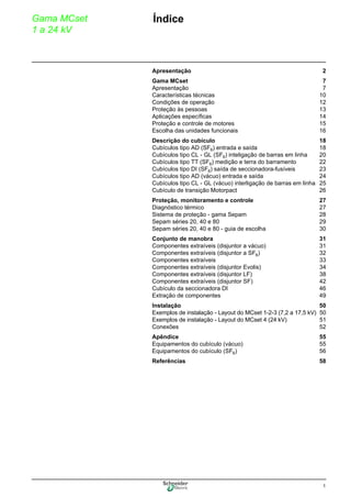 1
Gama MCset
1 a 24 kV
0Índice
Apresentação 2
Gama MCset 7
Apresentação 7
Características técnicas 10
Condições de operação 12
Proteção às pessoas 13
Aplicações específicas 14
Proteção e controle de motores 15
Escolha das unidades funcionais 16
Descrição do cubículo 18
Cubículos tipo AD (SF6) entrada e saída 18
Cubículos tipo CL - GL (SF6) inteligação de barras em linha 20
Cubículos tipo TT (SF6) medição e terra do barramento 22
Cubículos tipo DI (SF6) saída de seccionadora-fusíveis 23
Cubículos tipo AD (vácuo) entrada e saída 24
Cubículos tipo CL - GL (vácuo) interligação de barras em linha 25
Cubículo de transição Motorpact 26
Proteção, monitoramento e controle 27
Diagnóstico térmico 27
Sistema de proteção - gama Sepam 28
Sepam séries 20, 40 e 80 29
Sepam séries 20, 40 e 80 - guia de escolha 30
Conjunto de manobra 31
Componentes extraíveis (disjuntor a vácuo) 31
Componentes extraíveis (disjuntor a SF6) 32
Componentes extraíveis 33
Componentes extraíveis (disjuntor Evolis) 34
Componentes extraíveis (disjuntor LF) 38
Componentes extraíveis (disjuntor SF) 42
Cubículo da seccionadora DI 46
Extração de componentes 49
Instalação 50
Exemplos de instalação - Layout do MCset 1-2-3 (7,2 a 17,5 kV) 50
Exemplos de instalação - Layout do MCset 4 (24 kV) 51
Conexões 52
Apêndice 55
Equipamentos do cubículo (vácuo) 55
Equipamentos do cubículo (SF6) 56
Referências 58
 