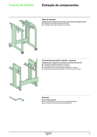 49
Conjunto de manobra Extração de componentes
Mesa de extração
Adaptável para 3 larguras de cubículos, esta mesa de extração permite:
b a remoção das partes extraíveis do cubículo,
b a montagem das partes extraíveis no cubículo.
Ferramenta para extrair e abaixar - opcional
Adaptável para 3 larguras de cubículos, esta ferramenta permite:
b a remoção das partes extraíveis do cubículo,
b a montagem das partes extraíveis no cubículo,
b o abaixamento até o piso das partes extraíveis no cubículo.
b o levantamento das partes extraíveis no cubículo a partir do piso.
Manivela
Esta manivela permite:
b que a parte extraível do cubículo seja introduzida/retirada,
b que a chave de aterramento seja aberta/fechada.
 