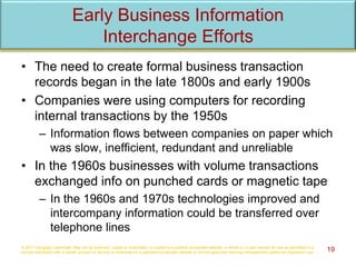 Early Business Information
Interchange Efforts
• The need to create formal business transaction
records began in the late 1800s and early 1900s
• Companies were using computers for recording
internal transactions by the 1950s
– Information flows between companies on paper which
was slow, inefficient, redundant and unreliable
• In the 1960s businesses with volume transactions
exchanged info on punched cards or magnetic tape
– In the 1960s and 1970s technologies improved and
intercompany information could be transferred over
telephone lines
© 2017 Cengage Learning®. May not be scanned, copied or duplicated, or posted to a publicly accessible website, in whole or in part, except for use as permitted in a
license distributed with a certain product or service or otherwise on a password-protected website or school-approved learning management system for classroom use. 19
 