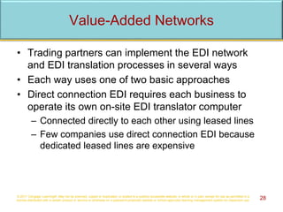 Value-Added Networks
• Trading partners can implement the EDI network
and EDI translation processes in several ways
• Each way uses one of two basic approaches
• Direct connection EDI requires each business to
operate its own on-site EDI translator computer
– Connected directly to each other using leased lines
– Few companies use direct connection EDI because
dedicated leased lines are expensive
© 2017 Cengage Learning®. May not be scanned, copied or duplicated, or posted to a publicly accessible website, in whole or in part, except for use as permitted in a
license distributed with a certain product or service or otherwise on a password-protected website or school-approved learning management system for classroom use. 28
 