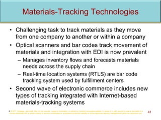 Materials-Tracking Technologies
• Challenging task to track materials as they move
from one company to another or within a company
• Optical scanners and bar codes track movement of
materials and integration with EDI is now prevalent
– Manages inventory flows and forecasts materials
needs across the supply chain
– Real-time location systems (RTLS) are bar code
tracking system used by fulfillment centers
• Second wave of electronic commerce includes new
types of tracking integrated with Internet-based
materials-tracking systems
© © 2017 Cengage Learning®. May not be scanned, copied or duplicated, or posted to a publicly accessible website, in whole or in part, except for use as permitted in a
license distributed with a certain product or service or otherwise on a password-protected website or school-approved learning management system for classroom use. 41
 