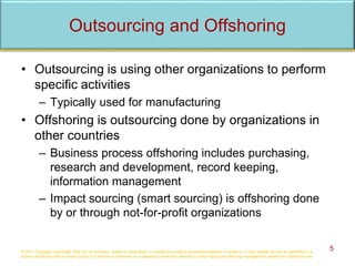 Outsourcing and Offshoring
• Outsourcing is using other organizations to perform
specific activities
– Typically used for manufacturing
• Offshoring is outsourcing done by organizations in
other countries
– Business process offshoring includes purchasing,
research and development, record keeping,
information management
– Impact sourcing (smart sourcing) is offshoring done
by or through not-for-profit organizations
© 2017 Cengage Learning®. May not be scanned, copied or duplicated, or posted to a publicly accessible website, in whole or in part, except for use as permitted in a
license distributed with a certain product or service or otherwise on a password-protected website or school-approved learning management system for classroom use.
5
 