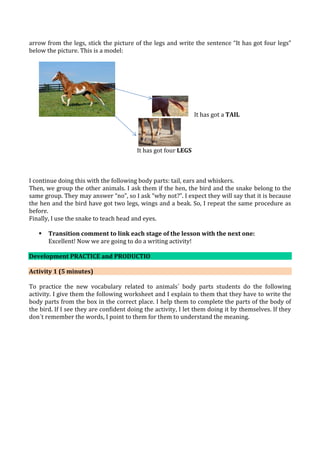 arrow from the legs, stick the picture of the legs and write the sentence “It has got four legs”
below the picture. This is a model:
It has got a TAIL
It has got four LEGS
I continue doing this with the following body parts: tail, ears and whiskers.
Then, we group the other animals. I ask them if the hen, the bird and the snake belong to the
same group. They may answer “no”, so I ask “why not?”. I expect they will say that it is because
the hen and the bird have got two legs, wings and a beak. So, I repeat the same procedure as
before.
Finally, I use the snake to teach head and eyes.
 Transition comment to link each stage of the lesson with the next one:
Excellent! Now we are going to do a writing activity!
Development PRACTICE and PRODUCTIO
Activity 1 (5 minutes)
To practice the new vocabulary related to animals´ body parts students do the following
activity. I give them the following worksheet and I explain to them that they have to write the
body parts from the box in the correct place. I help them to complete the parts of the body of
the bird. If I see they are confident doing the activity, I let them doing it by themselves. If they
don´t remember the words, I point to them for them to understand the meaning.
 