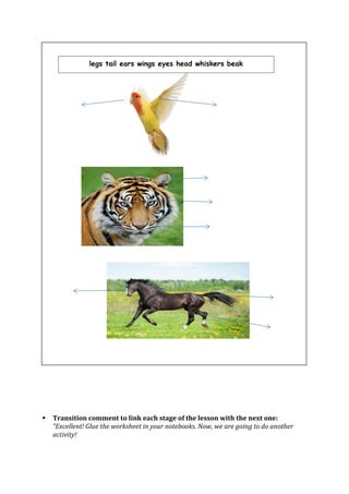  Transition comment to link each stage of the lesson with the next one:
“Excellent! Glue the worksheet in your notebooks. Now, we are going to do another
activity!
legs tail ears wings eyes head whiskers beak
 