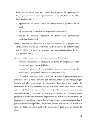 64
Estes se relacionam com três níveis fundamentais de operações de
linguagem em funcionamento (ver Bronckart et al., 1985; Schneuwly, 1988;
Bain & Schneuwly, 1994):
− representação do contexto social ou contextualização (capacidades de
ação);
− estruturação discursiva do texto (capacidades discursivas);
− escolha de unidades lingüísticas ou textualização (capacidades
lingüístico-discursivas);
b) estes objetivos são buscados (ou estes problemas de linguagem são
abordados) no quadro de seqüências didáticas, através do trabalho sobre
um ou vários gêneros do agrupamento, em seqüências didáticas do tipo
das descritas acima;
c) o enfoque é potencialmente espiral, ao menos em dois níveis:
− objetivos semelhantes são abordados em níveis de complexidade cada
vez maior ao longo da escolaridade;
− um mesmo gênero pode ser abordado diversas vezes ao longo da
escolaridade, com graus crescentes de aprofundamento.
O modelo dominante subjacente à concepção não é, portanto, o de uma
construção passo a passo, elemento por elemento, mas o de uma reorganização
fundamental das capacidades de linguagem dominantes, em função da
intervenção de novos elementos (novas operações dominadas; novos saberes
adquiridos). Toda a arte de conceber uma progressão - na verdade, muito pouco
dominada - é a de definir um certo número de elementos-chave, particularmente
propícios a iniciar transformações importantes no modo de funcionamento da
linguagem, no sentido de uma melhor mestria de seus processos próprios. Isto é
particularmente difícil pelo fato de que estes elementos-chave não são os mesmos
nem para todos os agrupamentos de gêneros, nem para todos os grupos de
alunos.
 