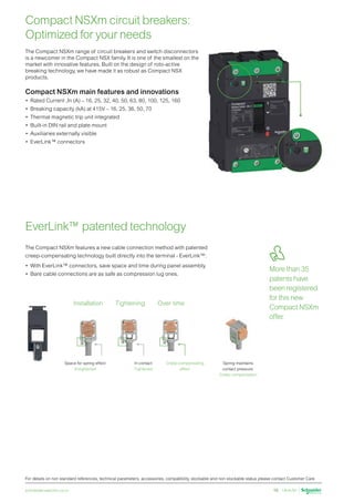 schneider-electric.co.in 10
Compact NSXm circuit breakers:
Optimized for your needs
EverLink™ patented technology
More than 35
patents have
been registered
for this new
Compact NSXm
offer.
The Compact NSXm range of circuit breakers and switch disconnectors
is a newcomer in the Compact NSX family. It is one of the smallest on the
market with innovative features. Built on the design of roto-active
breaking technology, we have made it as robust as Compact NSX
products.
Compact NSXm main features and innovations
•	 Rated Current ,In (A) – 16, 25, 32, 40, 50, 63, 80, 100, 125, 160
•	 Breaking capacity (kA) at 415V – 16, 25, 36, 50, 70
•	 Thermal magnetic trip unit integrated
•	 Built-in DIN rail and plate mount
•	 Auxiliaries externally visible
•	 EverLink™ connectors
The Compact NSXm features a new cable connection method with patented
creep-compensating technology built directly into the terminal - EverLink™:
•	 With EverLink™ connectors, save space and time during panel assembly.
•	 Bare cable connections are as safe as compression lug ones.
Space for spring effect
Untightened
In contact
Tightened
Creep-compensating
effect
Installation Tightening Over time
Spring maintains
contact pressure:
Creep compensation
For details on non standard references, technical parameters, accessories, compatibility, stockable and non stockable status please contact Customer Care
 