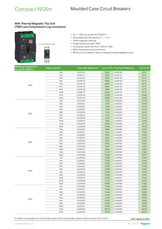 schneider-electric.co.in 11
For details on stockable and non stockable status, technical parameter, please contact Customer Care Centre
Compact NSXm Moulded Case Circuit Breakers
With Thermal Magnetic Trip Unit
(TMD) and Compression Lug connectors
•	 Ics = 100% Icu as per IEC 60947-2
•	 Adjustable thermal setting 0.7 – 1 x In
•	 Fixed magnetic settings
•	 Single frame size upto 160A
•	 5 breaking capacities from 16kA to 70kA
•	 With compression lug connectors
•	 All the circuit breakers have a transparent lead-sealable cover
Breaking Capacity Icu
as per IEC 60947-2
Rated Current Three Pole Reference Unit LP [`] Four Pole Reference Unit LP [`]
16kA
16A LV426150 6830 LV426160 9770
25A LV426151 6830 LV426161 9770
32A LV426152 6830 LV426162 9770
40A LV426153 6830 LV426163 9770
50A LV426154 6830 LV426164 9770
63A LV426155 6830 LV426165 9770
80A LV426156 6830 LV426166 9770
100A LV426157 6830 LV426167 9770
125A LV426158 12520 LV426168 15480
160A LV426159 13660 LV426169 16940
25kA
16A LV426250 7440 LV426260 10740
25A LV426251 7440 LV426261 10740
32A LV426252 7440 LV426262 10740
40A LV426253 7440 LV426263 10740
50A LV426254 7440 LV426264 10740
63A LV426255 7440 LV426265 10740
80A LV426256 7440 LV426266 10740
100A LV426257 7440 LV426267 10740
125A LV426258 13630 LV426268 16710
160A LV426259 15050 LV426269 18750
36kA
16A LV426350 9540 LV426360 12220
25A LV426351 9540 LV426361 12220
32A LV426352 9540 LV426362 12220
40A LV426353 9540 LV426363 12220
50A LV426354 9540 LV426364 12220
63A LV426355 9540 LV426365 12220
80A LV426356 9540 LV426366 12220
100A LV426357 9540 LV426367 12220
125A LV426358 14370 LV426368 17860
160A LV426359 15900 LV426369 19770
50kA
16A LV426450 12590 LV426460 15440
25A LV426451 12590 LV426461 15440
32A LV426452 12590 LV426462 15440
40A LV426453 12590 LV426463 15440
50A LV426454 12590 LV426464 15440
63A LV426455 12590 LV426465 15440
80A LV426456 12590 LV426466 15440
100A LV426457 12590 LV426467 15440
125A LV426458 17120 LV426468 20220
160A LV426459 18050 LV426469 21920
70kA
16A LV426550 14440 LV426560 18090
25A LV426551 14440 LV426561 18090
32A LV426552 14440 LV426562 18090
40A LV426553 14440 LV426563 18090
50A LV426554 14440 LV426564 18090
63A LV426555 14440 LV426565 18090
80A LV426556 14440 LV426566 18090
100A LV426557 14440 LV426567 18090
125A LV426558 26910 LV426568 28750
160A LV426559 27440 LV426569 29320
LUG CONNECTION
W.E.F. January 18, 2019
 