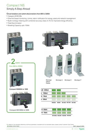 W.E.F. January 18, 2019
	
NORMAL STOCK ITEMS
For details on non-standard references, technical parameters, stockable and non-stockable status, please contact Customer Care Centre.
schneider-electric.co.in 32
Compact NS
Circuit breakers and switch-disconnectors from 800 to 3200A
•	Category B MCCBs
•	Ethernet based monitoring, control, alarm notification for energy, asset and network management
•	Built-in energy metering with combined accuracy class of 2% for improved energy efficiency
•	Total Discrimination
•	Breaking Capacity upto 150kA
3sizes
Masterpact NT 630 to 1600A
Masterpact NW 800 to 4000A
Masterpact NW 4000 to 6300A
Micrologic A
Micrologic
without
Display
Micrologic E Micrologic P
2sizes:
from 800 to 3200A
Compact NS800A to 1600
Compact NS1600b to 3200
LB  200kA
L  150kA
H  70kA
NS630b NS800 NS1000 NS1250 NS1600
H  85kA
N  70kA
NS1600b NS2300 NS2500 NS3200
n  50kA
Simply A Step Ahead
 