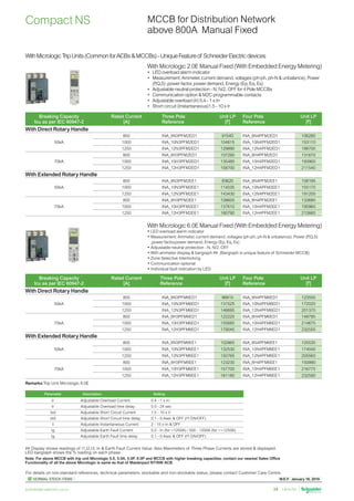 W.E.F. January 18, 2019
	
NORMAL STOCK ITEMS
For details on non-standard references, technical parameters, stockable and non-stockable status, please contact Customer Care Centre.
schneider-electric.co.in 34
WithMicrologicTripUnits(CommonforACBsMCCBs)-UniqueFeatureof SchneiderElectricdevices
Breaking Capacity
Icu as per IEC 60947-2
Rated Current
[A]
Three Pole
Reference
Unit LP
[`]
Four Pole
Reference
Unit LP
[`]
With Direct Rotary Handle
50kA
800 INA_8N3PFM2ED1 91540 INA_8N4PFM2ED1 106280
1000 INA_10N3PFM2ED1 104615 INA_10N4PFM2ED1 153110
1250 INA_12N3PFM2ED1 129890 INA_12N4PFM2ED1 188700
70kA
800 INA_8H3PFM2ED1 107290 INA_8H4PFM2ED1 131670
1000 INA_10H3PFM2ED1 135480 INA_10H4PFM2ED1 193900
1250 INA_12H3PFM2ED1 158700 INA_12H4PFM2ED1 211540
With Extended Rotary Handle
50kA
800 INA_8N3PFM2EE1 93620 INA_8N4PFM2EE1 108195
1000 INA_10N3PFM2EE1 114035 INA_10N4PFM2EE1 155170
1250 INA_12N3PFM2EE1 143430 INA_12N4PFM2EE1 191200
70kA
800 INA_8H3PFM2EE1 109605 INA_8H4PFM2EE1 133680
1000 INA_10H3PFM2EE1 137610 INA_10H4PFM2EE1 195960
1250 INA_12H3PFM2EE1 160790 INA_12H4PFM2EE1 213660
Breaking Capacity
Icu as per IEC 60947-2
Rated Current
[A]
Three Pole
Reference
Unit LP
[`]
Four Pole
Reference
Unit LP
[`]
With Direct Rotary Handle
50kA
800 INA_8N3PFM6ED1 96915 INA_8N4PFM6ED1 123555
1000 INA_10N3PFM6ED1 131525 INA_10N4PFM6ED1 172025
1250 INA_12N3PFM6ED1 148695 INA_12N4PFM6ED1 201370
70kA
800 INA_8H3PFM6ED1 122220 INA_8H4PFM6ED1 148795
1000 INA_10H3PFM6ED1 155685 INA_10H4PFM6ED1 214675
1250 INA_12H3PFM6ED1 179045 INA_12H4PFM6ED1 232555
With Extended Rotary Handle
50kA
800 INA_8N3PFM6EE1 102865 INA_8N4PFM6EE1 125535
1000 INA_10N3PFM6EE1 132530 INA_10N4PFM6EE1 174040
1250 INA_12N3PFM6EE1 150765 INA_12N4PFM6EE1 205560
70kA
800 INA_8H3PFM6EE1 123230 INA_8H4PFM6EE1 150990
1000 INA_10H3PFM6EE1 157700 INA_10H4PFM6EE1 216775
1250 INA_12H3PFM6EE1 181180 INA_12H4PFM6EE1 232590
Remarks:Trip Unit Micrologic 6.0E
Micrologic 2.0 E
40
100%
%
menu
long time
alarm
instantaneous
.4
.5
.6
.7
.8
.9
.95
.98
1
Ir
x In
.5
1
2
4
8
12
16
20
tr
(s)
at 6 Ir
24
x Ir
2
2.5
3 4
5
6
1.5
setting
Isd
8
10
MWh
_ _5.678
Parameter Description Setting
Ir Adjustable Overload Current 0.4 - 1 x In
tr Adjustable Overload time delay 0.5 - 24 sec
Isd Adjustable Short Circuit Current 1.5 - 10 x Ir
tsd Adjustable Short Circuit time delay 0.1 - 0.4sec  OFF (I2
t ON/OFF)
Ii Adjustable Instantaneous Current 2 - 15 x In  OFF
Ig Adjustable Earth Fault Current 0.2 - In (for 1250A) / 500 - 1200A (for =1250A)
tg Adjustable Earth Fault time delay 0.1 - 0.4sec  OFF (I2
t ON/OFF)
Micrologic 6.0 A
40
100%
%
menu
delay
short time
on I
2
t
.2
.3
.4 .4
.1
.2
.1
0
long time
alarm
ground fault
setting
4
test
.4
.5
.6
.7
.8
.9
.95
.98
1
Ir
x In
.5
1
2
4
8
12
16
20
tr
(s)
at 6 Ir
24
x Ir
2
2.5
3
4 5
6
8
10
Isd
1.5
tsd
(s)
x In
3
6
8 10
12
15
off
2
B
C
D E F
G
H
I
Ig
A
on I
2
t
.2
.3
.4
.4
.1
.2
.3
.1
0
off
tg
(s)
.1
.3
instantaneous
I i
2100A
MCCB for Distribution Network
above 800A Manual Fixed
Compact NS
## Display shows readings of I1,I2,I3, In  Earth Fault Current Value. Also Maximeters of Three Phase Currents are stored  displayed.
LED bargraph shows the % loading on each phase
Note: For above MCCB with trip unit Micrologic 5.0, 5.0A, 5.0P, 6.0P and MCCB with higher breaking capacities, contact our nearest Sales Office
Functionality of all the above Micrologic is same as that of Masterpact NT/NW ACB.
With Micrologic 2.0E Manual Fixed (With Embedded Energy Metering)
•	 LED overload alarm indicator
•	 Measurement: Ammeter, current demand, voltages (ph-ph, ph-N  unbalance), Power
(P
,Q,S) ,power factor, power demand, Energy (Ep, Eq, Es)
•	 Adjustable neutral protection - N, N/2, OFF for 4 Pole MCCBs
•	 Communication option  M2C programmable contacts
•	 Adjustable overload (Ir) 0.4 - 1 x In
•	 Short circuit (Instantaneous)1.5 - 10 x Ir
With Micrologic 6.0E Manual Fixed (With Embedded Energy Metering)
•	LED overload alarm indicator
•	Measurement: Ammeter, current demand, voltages (ph-ph, ph-N  unbalance), Power (P
,Q,S)
,power factor,power demand, Energy (Ep, Eq, Es)
•	Adjustable neutral protection - N, N/2, OFF
•	With ammeter display  bargraph ##  (Bargraph is unique feature of Schneider MCCB)
•	Zone Selective Interlocking
•	Communication optional
•	Individual fault indication by LED
 