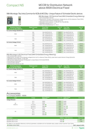 W.E.F. January 18, 2019
	
NORMAL STOCK ITEMS
For details on non-standard references, technical parameters, stockable and non-stockable status, please contact Customer Care Centre.
schneider-electric.co.in 36
MCCB for Distribution Network
above 800A Electrical Fixed
Micrologic 2.0 E
40
100%
%
menu
long time
alarm
instantaneous
.4
.5
.6
.7
.8
.9
.95
.98
1
Ir
x In
.5
1
2
4
8
12
16
20
tr
(s)
at 6 Ir
24
x Ir
2
2.5
3 4
5
6
1.5
setting
Isd
8
10
MWh
_ _5.678
Compact NS
WithMicrologicTripUnits(CommonforACBsMCCBs)-UniqueFeatureof SchneiderElectricdevices
With Micrologic 2.0E Electrical Fixed (With Embedded Energy Metering)
•	LED overload alarm indicator
•	Measurement: Ammeter, current demand, voltages (ph-ph, ph-N  unbalance), Power (P
,Q,S)
,power factor,power demand, Energy (Ep, Eq, Es)
•	Adjustable neutral protection - N, N/2,OFF for 4 Pole MCCBs
•	Adjustable overload (Ir) 0.4 - 1 x In
•	Short circuit (instantaneous)1.5 - 10 x Ir
With Micrologic 6.0E Electrical Fixed (With Embedded Energy Metering)
•	LED overload alarm indicator	
•	Measurement: Ammeter, current demand, voltages (ph-ph, ph-N, unblance), Power (P
,Q,S), power factor, power demand, Energy (Ep,Eq,Es)  
•	Adjustable neutral protection - N, N/2, OFF	
•	With ammeter display  bargraph ## (Bargraph is unique feature of Schneider MCCB)	 	     
•	Zone Selective Interlocking		
•	Communication optional				
•	Individulal fault indication by LED
Breaking Capacity
Icu as per IEC 60947-2
Rated Current
[A]
Three Pole
Reference
Unit LP
[`]
Four Pole
Reference
Unit LP
[`]
For Control Voltage 220/240V AC
50kA
800 INA_8N3PFE2E0120 134810 INA_8N4PFE2E0120 157210
1000 INA_10N3PFE2E0120 155070 INA_10N4PFE2E0120 196590
1250 INA_12N3PFE2E0120 173710 INA_12N4PFE2E0120 232120
70kA
800 INA_8H3PFE2E0120 148135 INA_8H4PFE2E0120 175100
1000 INA_10H3PFE2E0120 178960 INA_10H4PFE2E0120 237330
1250 INA_12H3PFE2E0120 202080 INA_12H4PFE2E0120 254950
For Control Voltage 415V AC
50kA
800 INA_8N3PFE2E0140 134810 INA_8N4PFE2E0140 157210
1000 INA_10N3PFE2E0140 155070 INA_10N4PFE2E0140 196590
1250 INA_12N3PFE2E0140 173320 INA_12N4PFE2E0140 232120
70kA
800 INA_8H3PFE2E0140 148130 INA_8H4PFE2E0140 175100
1000 INA_10H3PFE2E0140 178960 INA_10H4PFE2E0140 237330
1250 INA_12H3PFE2E0140 202080 INA_12H4PFE2E0140 254950
Breaking Capacity
Icu as per IEC 60947-2
Rated Current
[A]
Three Pole
Reference
Unit LP
[`]
Four Pole
Reference
Unit LP
[`]
For Control Voltage 220/240V AC
50kA
800 INA_8N3PFE6E0120 153225 INA_8N4PFE6E0120 170610
1000 INA_10N3PFE6E0120 173600 INA_10N4PFE6E0120 214990
1250 INA_12N3PFE6E0120 191770 INA_12N4PFE6E0120 251160
70kA
800 INA_8H3PFE6E0120 169230 INA_8H4PFE6E0120 193580
1000 INA_10H3PFE6E0120 197430 INA_10H4PFE6E0120 255800
1250 INA_12H3PFE6E0120 220590 INA_12H4PFE6E0120 273470
For Control Voltage 415V AC
50kA
800 INA_8N3PFE6E0140 153230 INA_8N4PFE6E0140 170610
1000 INA_10N3PFE6E0140 173600 INA_10N4PFE6E0140 214990
1250 INA_12N3PFE6E0140 191770 INA_12N4PFE6E0140 251160
70kA
800 INA_8H3PFE6E0140 169230 INA_8H4PFE6E0140 193580
1000 INA_10H3PFE6E0140 197430 INA_10H4PFE6E0140 255800
1250 INA_12H3PFE6E0140 220590 INA_12H4PFE6E0140 273470
For Compact NS800 - 1600A
Type Voltage
Shunt Release
Reference Unit LP [`]
Undervoltage
Reference Unit LP [`]
Voltage Releases
AC
50/60 Hz
24 V 33659 5350 33668 5450
48 V 33660 5350 33669 5450
110-130 V 33661  5330 33670 5450
220-240 V 33662  5350 33671  5450
380-415 V 33664 5350 33673  5450
DC
24 V 33659 5350 33668 5450
48 V 33660 5350 33669 5450
125 V 33661  5330 33670 5450
250 V 33662  5350 33671  5450
Description NS800 to 1600 Reference Unit LP [`]
Spreaders (Set of 3) 3P 33622  8885
Spreaders (Set of 4) 4P 33623  11060
Accessories
 