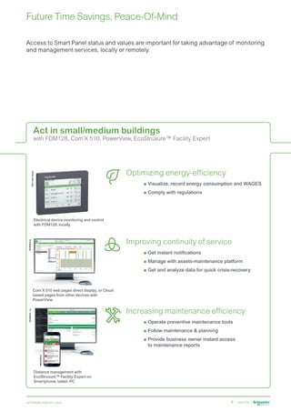 schneider-electric.co.in 7
Access to Smart Panel status and values are important for taking advantage of monitoring
and management services, locally or remotely.
Future Time Savings, Peace-Of-Mind
Act in small/medium buildings
with FDM128, Com’X 510, PowerView, EcoStruxure™ Facility Expert
DD385919_1.ai
DB423056.ai
Increasing maintenance efficiency
	p Operate preventive maintenance tools
	p Follow maintenance & planning
	p 
Provide business owner instant access
to maintenance reports
Distance management with
EcoStruxure™ Facility Expert on
Smartphone, tablet, PC
Optimizing energy-efficiency
	p Visualize, record energy consumption and WAGES
	p Comply with regulations
PB111801-60.eps
Electrical device monitoring and control
with FDM128, locally
Improving continuity of service
	p Get instant notifications
	p Manage with assets-maintenance platform
	p Get and analyze data for quick crisis-recovery
DD385918.ai
Com’X 510 web pages direct display, or Cloud
based pages from other devices with
PowerView.
 