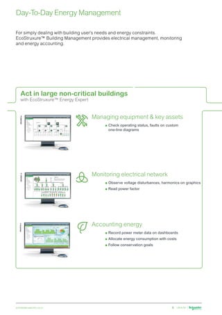 schneider-electric.co.in 8
Day-To-Day Energy Management
Act in large non-critical buildings
with EcoStruxure™ Energy Expert
Managing equipment  key assets
	p 
Check operating status, faults on custom
one-line diagrams
DB425660.ai
Monitoring electrical network
	p Observe voltage disturbances, harmonics on graphics
	p Read power factor
DB425661.ai
Accounting energy
	p Record power meter data on dashboards
	p Allocate energy consumption with costs
	p Follow conservation goals
DB425334.ai
For simply dealing with building user’s needs and energy constraints.
EcoStruxure™ Building Management provides electrical management, monitoring
and energy accounting.
 