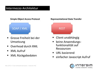 Intermezzo Architektur


       Simple Object Access Protocol           Representational State Transfer



         SOAP / XML                                    REST

   Grosse Freiheit bei der                      Client unabhängig
    Umsetzung                                    keine Anwendungs-
   Overhead durch XML                            funktionalität auf
                                                  Ressourcen
   XML Aufruf
                                                 URL basierend
   XML Rückgabedaten                            einfacher Javascript Aufruf

Mai 2012 © Ivan Schwab-Germann - Intersim AG
 