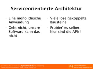 Serviceorientierte Architektur Eine monolithische Anwendung Geht nicht, unsere Software kann das nicht Viele lose gekoppelte Bausteine Probier' es selber, hier sind die APIs! 