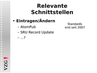 Relevante Schnittstellen Eintragen/Ändern AtomPub SRU Record Update ...? Standards erst seit 2007 