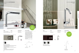 SCHoCkhyPerIOn                                                                                                                                                                            SCHoCkaTLaS
     Modern                                                                                                                                                                                                           Modern




                                                                                                                                                                                                                                    Premium Line
                                                                                                         LuXuS
                                                                                                    KOmFOrT-
                                                                                                        ArmATur


name                           Farbe                      Artikelnummer    Preis zzgl. mwSt.                      name                            Farbe                Artikelnummer   Preis zzgl. mwSt.

SCHoCk HypErion       Chrom                               629080 CHr       2190 € inkl. CRISTADUR -Spüle
                                                                                                    ®
                                                                                                                  SCHoCk AtlAS                    Chrom                513000 CHr      529 €
SCHoCk HypErion DUMMy Chrom                               629080 CHr / D   inkl. elektronischer Steuerung,                                        Edelstahloptik       513000 EDo      629 €
                                                                           externem Temperaturregler, LED-
                                                                           Spülenbeleuchtung, elektrischem
                                                                                                                                                                                                  OPTimierTer
                                                                           Drehexzenter einschließlich einer
die perfekte Kombination: Spüle WAtErFAll D-150                            CRISTADUR®-Spüle Ihrer Wahl.           die perfekte Kombination: Spüle HoriZont D-150                                        PreiS
                                                                           1540 € Preis für Dummy-Armatur
                                                                           inkl. CRISTADUR®-Spüle. Wasser-
                                                                           fluss beim Dummy nicht möglich.
                                                                           Funktionen können aber gezeigt
                                                                           werden. Nachrüstung zur Vollver-
                                                                           sion möglich.


                                                  +                        Detailinfos siehe Seite 12 und 90.
                                                                                                                                                                   +
Chrom                                                                                     240                     Chrom          Edelstahloptik                                                  120
                                                                           268




                                                                                                          235




Beschreibung und extras                                                                                           Beschreibung und extras




                                                                                                                                                                                       373
• komfort temperaturregelung über externen Bedienregler                                                           • Schwenkbereich Armatur 360°
• Elektrischer Drehexzenter für Siebverschluss                                                 44




                                                                                                                                                                                                                263
• lED-Spülenbeleuchtung
• Ausziehbarer Zugauslauf, Schwenkbereich Auslauf 130°                     bohrung 35 ø
• nachhaltig
• Eco-Funktion
• Alle Funktionen durch einen regler bedienbar                                                                                                                                         bohrung 35 ø
• Memory-Modul für ihre lieblingsfunktionen                                                                                                                                            Einbautiefe 60
20                                                                                                                                                                                                                             21
 