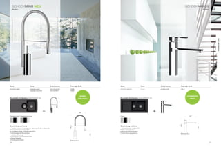 SCHoCkMInO neU                                                                                                                                                                            SCHoCknanOS
     Modern                                                                                                                                                                                                          Modern




                                                                                                                                                                                                                                   Premium Line
name                              Farbe                              Artikelnummer    Preis zzgl. mwSt.              name                            Farbe             Artikelnummer   Preis zzgl. mwSt.

SCHoCk Mino                       Edelstahl poliert                  553120 glAnZ     799 €                          SCHoCk nAnoS                    Chrom             514000 CHr      799 €
                                  Edelstahl strichmatt               553120 MAtt      799 €


                                                                                                      mASSiv                                                                                    OPTimierTer
die perfekte Kombination: Spüle FoCUS D-150                                                                          die perfekte Kombination: Spüle DoMUS D-150
                                                                                                 edeLSTAHL                                                                                             PreiS




                                                         +                                           200                                                           +
Edelstahl poliert Edelstahl strichmatt                                                                               Chrom                                                                            207




                                                                                                                                                                                       264
Beschreibung und extras                                                                                              Beschreibung und extras
                                                                                     480,5




                                                                                                                                                                                                               175
• Flexibler Auslauf mit beweglicher Halterung für den luftsprudler                                                   • Schwenkbereich Auslauf 360°
• Schwenkbereich Auslauf 360°                                                                                        • Hohe Auslaufposition
• Umstellbare Strahl- oder Brausefunktion                                                                            • Besonders ﬂacher Auslauf
• Selbstreinigende Brausedüsen                                                                                       • Hoher nutzungsspielraum                                         bohrung 35 ø
                                                                                                               166




• Joystick-Bedienung
• Durchgehend geschlossene Feder
• Massiv Edelstahl
• rückﬂussverhinderer                                                                 bohrung 38 ø
26                                                                                                                                                                                                                            27
 