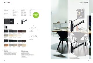 SCHoCkPILa
                                                                                                                                                                 Modern




name                                  Farbe                                                 Artikelnummer                 Preis zzgl. mwSt.

SCHoCk pilA                           Chrom                                                 541000 CHr                    229 €
                                      Chrom/niederdruck                                     541003 CHr                    279 €
                                      CriStADUr®                                            541000 + FArBnr.              299 €
                                                               ®
                                                                                            541000 + FArBnr.              279 €
SCHoCk pilA                           Chrom                                                 541120 CHr                    359 €
(ausziehbarer luftsprudler)           Chrom/niederdruck                                     541123 CHr                    379 €
                                      CriStADUr®                                            541120 + FArBnr.              399 €            OPTimierTer
                                                               ®
                                                                                            541120 + FArBnr               379 €               PreiS




                                                                                                                                                                               Premium Line
die perfekte Kombination: Spüle gEniUS D-100




                                                                       +
Chrom                                                                                                                                  195




                                                                                                                          190




                                                                                                                                                    126
materialfarben CriSTAdur®

                                                                                                                          bohrung 35 ø

Magma (97)       Carbonium (90)           Stone (88)                   Marone (93)             bronze (87)
Metallicfarbe    Metallicfarbe            Metallicfarbe                Metallicfarbe           Metallicfarbe
                                                                                                                                           217
                                                                                                                          190




Lucida (95)      avorio (92)              Magnolia (89)                Polaris (99)
Metallicfarbe    Farbe mit leichter       Farbe mit leichter           Farbe mit leichter
                 Struktur                 Struktur                     Struktur                                                                     115
                                      ®
materialfarben                                                                                                            bohrung 35 ø




nero (13)        Onyx (10)                Lava (40)                    Inox (12)               Mocha (63)
Unifarbe         Metallicfarbe            Strukturfarbe                Metallicfarbe           Unifarbe




Cayenne (11)     arena (47)               Gobi (58)                    Terra (38)              Colorado (08)
Metallicfarbe    Strukturfarbe            Strukturfarbe                Strukturfarbe           Unifarbe




Beschreibung und extras
pilA 541000                                                                                 pilA 541120
• luftsprudler                                                                              • Ausziehbarer luftsprudler
• Schwenkbereich Armatur 360°                                                               • Schwenkbereich Armatur 120°
• teillackiert in CriStADUr® oder                                  ®
                                                                                            • Umstellbare Brausefunktion
• perfekte kombination von Spüle und Armatur                                                • Selbstreinigende Brausedüsen
• Farblich passend zu jedem geschmackstyp                                                   • teillackiert in CriStADUr® oder              ®


  und küchenstil                                                                            • perfekte kombination von Spüle und Armatur
                                                                                            • Farblich passend zu jedem geschmackstyp
                                                                                              und küchenstil
                                                                                            • rückﬂussverhinderer




32                                                                                                                                                                        33
 
