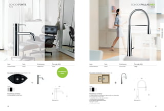 SCHoCkFOnTe                                                                                                                                                                          SCHoCkPaLLaS neU
     Klassik                                                                                                                                                                                                          Klassik




                                                                                                                                                                                                                                     Premium Line
name                            Farbe             Artikelnummer   Preis zzgl. mwSt.                  name                             Farbe                               Artikelnummer    Preis zzgl. mwSt.

SCHoCk FontE                    Chrom             548000 CHr      369 €                              SCHoCk pAllAS                    Chrom                               516120 CHr       799 €



                                                                             OPTimierTer
die perfekte Kombination: Spüle FoCUS C-150                                                          die perfekte Kombination: Spüle lotUS D-150
                                                                                       PreiS



                                                                                                                                                                                                          222



                                              +                                                                                                              +
Chrom                                                                            200                 Chrom




                                                                                                                                                                                           510
                                                                  295




Beschreibung und extras                                                                              Beschreibung und extras




                                                                                                                                                                                                                238
• Schwenkbereich Armatur 360°                                                                        • Flexibler Auslauf mit beweglicher Halterung für den luftsprudler
                                                                                               145




                                                                                                     • Schwenkbereich Auslauf 360°
                                                                                                     • Umstellbare Strahl- oder Brausefunktion
                                                                                                     • Selbstreinigende Brausedüsen
                                                                  bohrung 35 ø                       • Durchgehend geschlossene Feder                                                      bohrung 35 ø
                                                                                                     • konischer Sockel
                                                                                                     • rückﬂussverhinderer


36                                                                                                                                                                                                                              37
 
