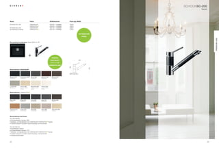 SCHoCkSC-200
                                                                                                                                                          Klassik




name                                  Farbe                                             Artikelnummer         Preis zzgl. mwSt.

SCHoCk SC-200                         CriStADUr           ®
                                                                                        592000 + FArBnr.      449 €
                                                               ®
                                                                                        592000 + FArBnr.      429 €
SCHoCk SC-200                         CriStADUr®                                        592120 + FArBnr.      539 €
(ausziehbarer Auslauf)                                         ®
                                                                                        592120 + FArBnr.      519 €


                                                                                                                             OPTimierTer
                                                                                                                                   PreiS




                                                                                                                                                                         Premium Line
die perfekte Kombination: Spüle vEro n-100




                                      +                                                   OriGinAL
                                                                                        CriSTAdur®/                          221
                                                                                                          ®



                                                                                        ummAnTeLunG


                                                                                                              196




                                                                                                                                           153
materialfarben CriSTAdur®

                                                                                                              bohrung 35 ø

Magma (97)       Carbonium (90)           Stone (88)               Marone (93)            bronze (87)
Metallicfarbe    Metallicfarbe            Metallicfarbe            Metallicfarbe          Metallicfarbe




Lucida (95)      avorio (92)              Magnolia (89)            Polaris (99)
Metallicfarbe    Farbe mit leichter       Farbe mit leichter       Farbe mit leichter
                 Struktur                 Struktur                 Struktur


                                      ®
materialfarben




nero (13)        Onyx (10)                Lava (40)                Inox (12)              Mocha (63)
Unifarbe         Metallicfarbe            Strukturfarbe            Metallicfarbe          Unifarbe




Cayenne (11)     arena (47)               Gobi (58)                Terra (38)             Colorado (08)
Metallicfarbe    Strukturfarbe            Strukturfarbe            Strukturfarbe          Unifarbe




Beschreibung und extras
SC-200 592000
• Schwenkbereich Armatur 360°
• Material- und farbidentisch mit CriStADUr®/            ®
                                                           -Spülen
• Farblich passend zu jedem geschmackstyp und küchenstil

SC-200 592120
• Ausziehbarer Auslauf
• Schwenkbereich Armatur 120°
• Material- und farbidentisch mit CriStADUr®/            ®
                                                           -Spülen
• Farblich passend zu jedem geschmackstyp und küchenstil
• rückﬂussverhinderer



42                                                                                                                                                                  43
 