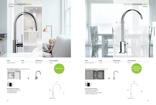 SCHoCkheKaTe neU                                                                                                                                            SCHoCkKrOnOS neU
     Landhaus                                                                                                                                                                                    Landhaus




                                                                                                                                                                                                                 Premium Line
name                            Farbe          Artikelnummer   Preis zzgl. mwSt.              name                             Farbe             Artikelnummer     Preis zzgl. mwSt.

SCHoCk HEkAtE                   Chrom          524120 CHr      499 €                          SCHoCk kronoS                    Chrom             517000 CHr        749 €



                                                                                                                                                                              urSPrÜnG-
die perfekte Kombination: Spüle grAnDo M-100
                                                                           BeSTSeLLer         die perfekte Kombination: Spüle CAMpUS D-150                                 LiCHeS WASSer-
                                                                                                                                                                                  GeFÜHL




                                        +                                                                                                    +
Chrom                                                                         216             Chrom                                                                            185




Beschreibung und extras                                                                       Beschreibung und extras




                                                                                                                                                                   400
                                                               389




• Schwenkbereich Auslauf 150°                                                                 • Schwenkbereich Auslauf 360°




                                                                                                                                                                                           328
• Ausziehbarer Auslauf                                                                        • Schlanker, hoher Auslauf
• rückﬂussverhinderer                                                                         • Breiter Wasserstrahl – Wasserfalloptik
                                                                                        212




                                                                                              • Hoher nutzungsspielraum



                                                               bohrung 35 ø                                                                                        bohrung 35 ø

44                                                                                                                                                                                                          45
 
