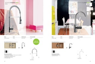 SCHoCkKarPO neU                                                                                                                                                                      SCHoCkLUnO neU
     Modern                                                                                                                                                                                                         Modern




                                                                                                                                                                                                                                  Trend Line
name                             Farbe                               Artikelnummer   Preis zzgl. mwSt.                 name                            Farbe              Artikelnummer   Preis zzgl. mwSt.

SCHoCk kArpo                     Chrom                               593120 CHr      429 €                             SCHoCk lUno                     Chrom              587000 CHr      249 €



                                                                                                     ideAL FÜr
die perfekte Kombination: Spüle typoS D-150                                                                            die perfekte Kombination: Spüle gEniUS D-150
                                                                                                 inSeLKÜCHen




                                                      +                                             160
                                                                                                                                                                      +
Chrom                                                                                                                  Chrom                                                                         165
                                                                                     490




Beschreibung und extras                                                                                                Beschreibung und extras




                                                                                                                                                                                          326
• Flexibler Auslauf mit beweglicher Halterung für den luftsprudler                                                     • Schwenkbereich Auslauf 360°




                                                                                                                                                                                                              235
• Schwenkbereich Auslauf 360°                                                                                          • Wasserspar-Funktion
• Umstellbare Strahl- oder Brausefunktion
• Selbstreinigende Brausedüsen
                                                                                                                 245




• rückﬂussverhinderer
                                                                                                                                                                                          bohrung 35 ø

                                                                                     bohrung 35 ø

54                                                                                                                                                                                                                           55
 