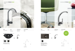 SCHoCkrISSO neU                                                                                                                                            SCHoCkTyrOS neU
     Modern                                                                                                                                                                                        Modern




                                                                                                                                                                                                                 Trend Line
name                            Farbe                Artikelnummer   Preis zzgl. mwSt.         name                            Farbe            Artikelnummer    Preis zzgl. mwSt.

SCHoCk riSSo                    Chrom                585000 CHr      249 €                     SCHoCk tyroS                    Chrom            594000 CHr       229 €
                                Edelstahloptik       585000 EDo      259 €


                                                                                                                                                                                einSTieGS-
die perfekte Kombination: Spüle gEniUS C-150                                                   die perfekte Kombination: Spüle City D-100
                                                                                                                                                                                 mOdeLL




                                                 +                                                                                          +
Chrom          Edelstahloptik                                                   180            Chrom                                                                         215




                                                                                                                                                                 280
Beschreibung und extras                                                                        Beschreibung und extras




                                                                                                                                                                                             240
                                                                     340




• Schwenkbereich Auslauf 360°                                                                  • Schwenkbereich Auslauf 360°
                                                                                         260




                                                                                               • Hoher Auslauf
                                                                                               • großer nutzungsspielraum
                                                                                               • Wertiger Materialeindruck
                                                                                                                                                                 bohrung 35 ø

                                                                     bohrung 35 ø



56                                                                                                                                                                                                          57
 