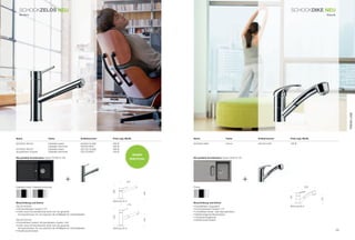 SCHoCkZeLOS neU                                                                                                                                                                       SCHoCkDIKe neU
   Modern                                                                                                                                                                                                          Klassik




                                                                                                                                                                                                                                  Trend Line
name                              Farbe                            Artikelnummer   Preis zzgl. mwSt.                   name                            Farbe            Artikelnummer   Preis zzgl. mwSt.

SCHoCk ZEloS                      Edelstahl poliert                552000 glAnZ    389 €                               SCHoCk DikE                     Chrom            502120 CHr      189 €
                                  Edelstahl strichmatt             552000 MAtt     359 €
SCHoCk ZEloS                      Edelstahl poliert                552120 glAnZ    489 €
(ausziehbarer Auslauf)            Edelstahl strichmatt             552120 MAtt     459 €
                                                                                                        mASSiv
die perfekte Kombination: Spüle typoS D-100                                                                            die perfekte Kombination: Spüle CASA D-125
                                                                                                   edeLSTAHL




                                                   +                                           201
                                                                                                                                                                    +
Edelstahl poliert Edelstahl strichmatt                                                                                 Chrom                                                                           200
                                                                                   169




                                                                                                                 140




                                                                                                                                                                                        161




                                                                                                                                                                                                             110
                                                                                   bohrung 35 ø
Beschreibung und extras                                                                                                Beschreibung und extras
                                                                                                  215
ZEloS 552000                                                                                                           • Ausziehbarer Zugauslauf                                        bohrung 35 ø
• Schwenkbereich Auslauf 170°                                                                                          • Schwenkbereich Auslauf 110°
• Dank neuer Schwenktechnik dreht sich der gesamte                                                                     • Umstellbare Strahl- oder Brausefunktion
  Armaturenkörper mit und reduziert die Anfälligkeit für Undichtigkeiten                                               • Selbstreinigende Brausedüsen
                                                                                   222




                                                                                                                       • temperaturbegrenzer
                                                                                                                 145




ZEloS 552120                                                                                                           • rückﬂussverhinderer
• Ausziehbarer Auslauf, Schwenkbereich Auslauf 180°
• Dank neuer Schwenktechnik dreht sich der gesamte
  Armaturenkörper mit und reduziert die Anfälligkeit für Undichtigkeiten           bohrung 35 ø
58
• rückﬂussverhinderer                                                                                                                                                                                                        59
 