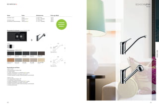 SCHoCkLeVa
                                                                                                                                       Klassik




name                             Farbe                                   Artikelnummer      Preis zzgl. mwSt.

SCHoCk lEvA                      Chrom                                   511000 CHr         155 €
                                                     ®
                                                                         511000 + FArBnr.   189 €
SCHoCk lEvA                      Chrom                                   511120 CHr         199 €
(ausziehbare Schlauchbrause)                         ®
                                                                         511120 + FArBnr.   269 €
                                                                                                             FArBiGeS
                                                                                                            einSTieGS-
                                                                                                                 mOdeLL


die perfekte Kombination: Spüle litHoS D-150




                                                          +
Chrom                                                                                                      210




                                                                                            180




                                                                                                                          140
                                 ®
materialfarben




                                                                                                                                                      Trend Line
                                                                                            bohrung 35 ø


nero (13)        Onyx (10)           Lava (40)           Inox (12)         Mocha (63)
Unifarbe         Metallicfarbe       Strukturfarbe       Metallicfarbe     Unifarbe                        200
                                                                                            180




Cayenne (11)     arena (47)          Gobi (58)           Terra (38)        Colorado (08)

                                                                                                                          130
Metallicfarbe    Strukturfarbe       Strukturfarbe       Strukturfarbe     Unifarbe


                                                                                            bohrung 35 ø
Beschreibung und extras
lEvA 511000
• Schwenkbereich Armatur 360°
• langer Auslauf
• lackiert, farbidentisch mit           ®
                                          -Spülen
• perfekte kombination von Spüle und Armatur
• Farblich passend zu jedem geschmackstyp und küchenstil

lEvA 511120
• Schwenkbereich Armatur 130°
• Ausziehbare Schlauchbrause
• lackiert, farbidentisch mit           ®
                                          -Spülen
• perfekte kombination von Spüle und Armatur
• Farblich passend zu jedem geschmackstyp und küchenstil
• rückﬂussverhinderer




60                                                                                                                                               61
 