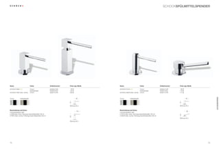 SCHoCkSPÜLMITTeLSPenDer




name                             Farbe                      Artikelnummer   Preis zzgl. mwSt.   name                             Farbe                      Artikelnummer   Preis zzgl. mwSt.

SCHoCk SAni nEU                  Chrom                      629026 CHr       99 €               SCHoCk pUCk nEU                  Chrom                      629025 CHr       89 €
                                 Edelstahloptik             629026 EDo      129 €                                                Edelstahloptik             629025 EDo      119 €
SCHoCk FAro (Abb. rechts)        Chrom                      629013 CHr      239 €               SCHoCk AMUr (Abb. rechts)        Chrom                      629014 CHr      117 €




                                                                                                                                                                                                     ACCeSSOireS
Chrom           Edelstahloptik                                                      90          Chrom           Edelstahloptik                                                      90




                                                                                                                                                                            70
                                                                            70




                                                                            bohrung 35 ø                                                                                    bohrung 35 ø


Beschreibung und extras                                                                         Beschreibung und extras
                                                                                     104                                                                                             98
• Schwenkbereich 360°                                                                           • Schwenkbereich 360°
• SAni (Abb. links): Füllmenge Spülmittelbehälter 300 ml                                        • pUCk (Abb. links): Füllmenge Spülmittelbehälter 300 ml




                                                                                                                                                                            54
• FAro (Abb. rechts): Füllmenge Spülmittelbehälter 500 ml                                       • AMUr (Abb. rechts): Füllmenge Spülmittelbehälter 500 ml
                                                                            124




                                                                                                                                                                            bohrung 35 ø

                                                                            bohrung 35 ø




72                                                                                                                                                                                              73
 