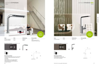 SCHoCkHyPerIOn                                                                                                                                                                    SCHoCkPHObOS nEU
     Modern                                                                                                                                                                                                                  Modern




                                                                                                                                                                                                                                           PREmIUm LInE
                                                                                                    LUXUS                                                                                                          ULTRA-
                                                                                                   KOmFORT-                                                                                                     mOdERnES
                                                                                                   ARmATUR                                                                                                         dESIGn


name                           Farbe                      Artikelnummer   Preis zzgl. mwSt.                    name                             Farbe                  Artikelnummer     Preis zzgl. mwSt.

SCHoCk HypErion                Chrom                      629080 oL       1890 €                               SCHoCk pHoBoS                    Chrom                  566000 CHr        449 €
SCHoCk HypErion                Chrom                      629080          2290 € einschließlich einer
                                                                          CrIStADur®-Spüle Ihrer Wahl.


die perfekte Kombination: Spüle WAtErFALL D-150                                                                die perfekte Kombination: Spüle opUS D-150




                                                                                                                                                                                                             187

                                                  +                                                                                                                +
Chrom                                                                                    240                   Chrom




                                                                                                                                                                                                 333




                                                                                                                                                                                                                       315
                                                                          268




                                                                                                         235




Beschreibung und Extras                                                                                        Beschreibung und Extras
• komfort temperaturregelung über externen Bedienregler                                                        • Schwenkbereich der Armatur 360°
• Ausziehbarer Auslauf, Schwenkbereich Auslauf 130°                                           44               • Flaches Modell in ultramodernem Design
• nachhaltig                                                                                                   • Mit innovativem Flachperlator                                                   bohrung 35 ø
• Eco-Funktion                                                            bohrung 35 ø
• Alle Funktionen durch einen regler bedienbar
• Memory-Modul für ihre Lieblingsfunktionen
• LED-Spülenbeleuchtung (nicht bei 629080 oL)
• inklusive Comfotouch

20                                                                                                             Alle preise in Euro zzgl. gesetzl. Mehrwertsteuer                                                                      21
 