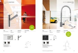 SCHoCkCenTrOS                                                                                                                                                          SCHoCkIDeOS-PrO
     Modern                                                                                                                                                                                                     Modern




                                                                                                                                                                                                                                 PREmIUm LInE
                                                                                               nEUES
                                                                                               dESIGn                                                                                                       Abbildung ähnlich




name                            Farbe                Artikelnummer   Preis zzgl. mwSt.                  name                              Farbe             Artikelnummer    Preis zzgl. mwSt.

SCHoCk CEntroS                  Chrom                580120 CHr      499 €                              SCHoCk iDEoS-pro                  Chrom             575120 CHr       479 €
                                Edelstahloptik       580120 EDo      599 €                                                                Edelstahloptik    575120 EDo       599 €
                                                                                                                                                                                              PASST
                                                                                                                                                                                        AUCH UnTER
die perfekte Kombination: Spüle opUS D-150                                                              die perfekte Kombination: Spüle SoHo n-100                                           HÄnGE-
                                                                                                                                                                                            SCHRÄnKE




                                                 +                                                                                           +
Chrom          Edelstahloptik                                                                           Chrom            Edelstahloptik                                                 200
                                                                                 180
                                                                      252




                                                                                         210




Beschreibung und Extras                                                                                 Beschreibung und Extras
• Ausziehbarer Auslauf                                                                                  • Flexibler Auslauf mit beweglicher Halterung




                                                                                                                                                                            400
• Schwenkbereich Armatur 150°                                                                           • Schwenkbereich Armatur 360°
• rückﬂussverhinderer                                                                                   • rückﬂussverhinderer
                                                                     bohrung 35 ø                       • kompakte proﬁ-Armatur




                                                                                                                                                                                                      115
                                                                                                                                                                             bohrung 35 ø
22                                                                                                      Alle preise in Euro zzgl. gesetzl. Mehrwertsteuer                                                                   23
 