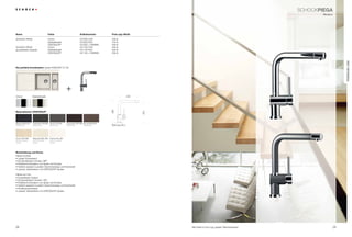 SCHoCkPIeGa
                                                                                                                                                                                            Modern




name                                      Farbe                                 Artikelnummer        Preis zzgl. mwSt.

SCHoCk piEgA                              Chrom                                 547000 CHr           339 €
                                          Edelstahloptik                        547000 EDo           419 €
                                          CriStADUr®                            547000 + FArBnr.     409 €
SCHoCk piEgA                              Chrom                                 547120 CHr           449 €
(ausziehbarer Auslauf)                    Edelstahloptik                        547120 EDo           509 €
                                          CriStADUr®                            547120 + FArBnr.     509 €




                                                                                                                                                                                                          PREmIUm LInE
die perfekte Kombination: Spüle HoriZont D-150




                                                                +
Chrom                Edelstahloptik                                                                                 220




materialfarben CRISTAdUR®                                                                            285




                                                                                                                          253
Magma MaG (97)       Carbonium Car (90) Stone STO (88)          Chocolate CHO (86) bronze brO (87)
Metallicfarbe        Metallicfarbe         Metallicfarbe        Metallicfarbe      Metallicfarbe     bohrung 35 ø




avorio aVO (92)      Magnolia MGL (89)     Polaris POL (99)
Farbe mit leichter   Farbe mit leichter    Farbe mit leichter
Struktur             Struktur              Struktur




Beschreibung und Extras
piEgA 547000
• Langer gussauslauf
• Schwenkbereich Armatur 360°
• perfekte kombination von Spüle und Armatur
• Farblich passend zu jedem geschmackstyp und küchenstil
• Lackiert, farbidentisch mit CriStADUr®-Spülen

piEgA 547120
• Ausziehbarer Auslauf
• Schwenkbereich Armatur 180°
• perfekte kombination von Spüle und Armatur
• Farblich passend zu jedem geschmackstyp und küchenstil
• rückﬂussverhinderer
• Lackiert, farbidentisch mit CriStADUr®-Spülen




28                                                                                                                              Alle preise in Euro zzgl. gesetzl. Mehrwertsteuer                    29
 