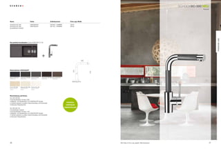 SCHoCkSC-300 nEU
                                                                                                                                                                                                         Klassik




name                                      Farbe                                 Artikelnummer             Preis zzgl. mwSt.

SCHoCk SC-300                             CriStADUr        ®
                                                                                597000 + FArBnr.          459 €
SCHoCk SC-300                             CriStADUr®                            597120 + FArBnr.          549 €
(ausziehbarer Auslauf)




                                                                                                                                                                                                                        PREmIUm LInE
die perfekte Kombination: Spüle HoriZont D-150




                                                                +
                                                                                                                            200




materialfarben CRISTAdUR®

                                                                                                             310




                                                                                                                                  275
Magma MaG (97)       Carbonium Car (90) Stone STO (88)          Chocolate CHO (86) bronze brO (87)
Metallicfarbe        Metallicfarbe         Metallicfarbe        Metallicfarbe      Metallicfarbe

                                                                                                             bohrung 35 ø


avorio aVO (92)      Magnolia MGL (89)     Polaris POL (99)
Farbe mit leichter   Farbe mit leichter    Farbe mit leichter
Struktur             Struktur              Struktur




Beschreibung und Extras
SC-300 597000
• Schwenkbereich Armatur 360°
• Material- und farbidentisch mit CriStADUr®-Spülen
• Farblich passend zu jedem geschmackstyp und küchenstil                                               ORIGInAL
• Exklusive Hülsentechnik                                                                             CRISTAdUR

SC-300 597120
                                                                                                     UmmAnTELUnG
• Ausziehbarer Auslauf
• Schwenkbereich Armatur 150°
• Material- und farbidentisch mit CriStADUr®-Spülen
• Farblich passend zu jedem geschmackstyp und küchenstil
• Exklusive Hülsentechnik




36                                                                                                                                      Alle preise in Euro zzgl. gesetzl. Mehrwertsteuer                          37
 