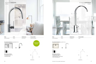 SCHoCkHeKaTe                                                                                                                                                        SCHoCkKrOnOS
     Landhaus                                                                                                                                                                                Landhaus




                                                                                                                                                                                                             PREmIUm LInE
name                            Farbe          Artikelnummer   Preis zzgl. mwSt.               name                             Farbe              Artikelnummer   Preis zzgl. mwSt.

SCHoCk HEkAtE                   Chrom          524120 CHr      469 € preis optimiert           SCHoCk kronoS                    Chrom              517000 CHr      769 €




die perfekte Kombination: Spüle grAnDo M-100                                                   die perfekte Kombination: Spüle vEro n-100
                                                                          AUSzIEHBARER
                                                                               AUSLAUF




                                        +                                                                                         +
Chrom                                                                         216              Chrom                                                                           185




Beschreibung und Extras                                                                        Beschreibung und Extras




                                                                                                                                                                   400
                                                               389




• Schwenkbereich Auslauf 150°                                                                  • Schwenkbereich Auslauf 360°




                                                                                                                                                                                       328
• Ausziehbarer Auslauf                                                                         • Schlanker, hoher Auslauf
• rückﬂussverhinderer                                                                          • Breiter Wasserstrahl – Wasserfalloptik
                                                                                         212




                                                                                               • Hoher nutzungsspielraum



                                                               bohrung 35 ø                                                                                        bohrung 35 ø

46                                                                                             Alle preise in Euro zzgl. gesetzl. Mehrwertsteuer                                                        47
 