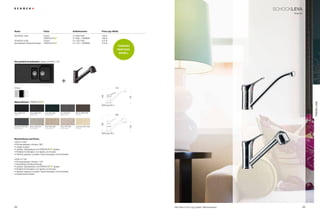 SCHoCkLeVa
                                                                                                                                                                                                   Klassik




name                                 Farbe                                    Artikelnummer         Preis zzgl. mwSt.

SCHoCk LEvA                          Chrom                                    511000 CHr            159 €
                                                         ®
                                                                              511000 + FArBnr.      196 €
SCHoCk LEvA                          Chrom                                    511120 CHr            212 €
(ausziehbare Schlauchbrause)                             ®
                                                                              511120 + FArBnr.      279 €
                                                                                                                     FARBIGES
                                                                                                                    EInSTIEGS-
                                                                                                                         mOdELL


die perfekte Kombination: Spüle LitHoS D-150




                                                              +
Chrom                                                                                                              210




                                                                                                    180




                                                                                                                                  140
materialfarben                       ®




                                                                                                                                                                                                                  TREnd LInE
                                                                                                    bohrung 35 ø


nero Gne (13)       Onyx GOn (10)        Lava GLa (40)       Inox GIn (12)      Mocha GMC (63)
Unifarbe            Metallicfarbe        Strukturfarbe       Metallicfarbe      Unifarbe                           200
                                                                                                    180




                                                                                                                                  130
Graphite GGr (15)   arena Gar (47)       Gobi GSa (58)       Terra GTe (38)     Colorado GCO (08)
Strukturfarbe       Strukturfarbe        Strukturfarbe       Strukturfarbe      Unifarbe


                                                                                                    bohrung 35 ø

Beschreibung und Extras
LEvA 511000
• Schwenkbereich Armatur 360°
• Langer Auslauf
• Lackiert, farbidentisch mit           ®
                                          -Spülen
• perfekte kombination von Spüle und Armatur
• Farblich passend zu jedem geschmackstyp und küchenstil

LEvA 511120
• Schwenkbereich Armatur 130°
• Ausziehbare Schlauchbrause
• Lackiert, farbidentisch mit           ®
                                          -Spülen
• perfekte kombination von Spüle und Armatur
• Farblich passend zu jedem geschmackstyp und küchenstil
• rückﬂussverhinderer




64                                                                                                                                      Alle preise in Euro zzgl. gesetzl. Mehrwertsteuer                    65
 