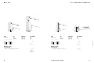 schockSPÜLMITTELspender




Name                             Farbe                      Artikelnummer   Preis zzgl. MwSt.   Name                              Farbe                     Artikelnummer   Preis zzgl. MwSt.

SCHOCK SANI                      Chrom                      629026 CHR       99 €               SCHOCK PUCK                       Chrom                     629025 CHR       89 €
                                 Edelstahloptik             629026 EDO      129 €                                                 Edelstahloptik            629025 EDO      119 €
SCHOCK FARO (Abb. rechts)        Chrom                      629013 CHR      239 €               SCHOCK AMUR (Abb. rechts)         Chrom                     629014 CHR      117 €




                                                                                                                                                                                                     Accessoires
Chrom           Edelstahloptik                                                      90          Chrom            Edelstahloptik                                                     90




                                                                                                                                                                            70
                                                                            70




                                                                            Bohrung 35 ø                                                                                    Bohrung 35 ø


Beschreibung und Extras                                                                         Beschreibung und Extras
                                                                                     104                                                                                             98
• Schwenkbereich 360°                                                                           • Schwenkbereich 360°
• SANI (Abb. links): Füllmenge Spülmittelbehälter 300 ml                                        • PUCK (Abb. links): Füllmenge Spülmittelbehälter 300 ml




                                                                                                                                                                            54
• FARO (Abb. rechts): Füllmenge Spülmittelbehälter 500 ml                                       • AMUR (Abb. rechts): Füllmenge Spülmittelbehälter 500 ml
                                                                            124




                                                                                                                                                                            Bohrung 35 ø

                                                                            Bohrung 35 ø




82                                                                                              Alle Preise in Euro zzgl. gesetzl. Mehrwertsteuer                                               83
 