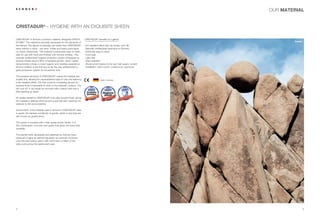 OUR MATERIAL


CRISTADUR® – HYGIENE WITH AN EXQUISITE SHEEN

CRISTADUR® is Schock’s premium material, alongside CRISTA-              CRISTADUR® benefits at a glance
STONE®. The material is specially developed for the demands of                                                                        Granite
the kitchen. The rigours of everyday use vanish from CRISTADUR®         -Dirt repellent effect (the dirt simply runs off)
sinks without a trace – red wine, coffee and heavy pans leave           -Naturally antibacterial (exclusive to Schock)
no marks whatsoever. The material is particularly easy to clean,        -Extremely easy to clean
safe for use with food and finished with Schock Antibac. This           -Food-safe
naturally antibacterial hygiene protection system developed by          -Light-fast
Schock inhibits around 95% of bacterial growth, which makes             -Stain-resistant
doing kitchen chores a more hygienic and carefree experience.           -Shock-proof thanks to the very high quartz content
Schock Antibac is the first and so far the only antibacterial hy-       -Installation: flush mount, undermount, topmount
giene protection system for the kitchen sink.

The poreless structure of CRISTADUR® makes the material par-
ticularly fine, allowing for unprecedented ease of care and featuring                  Made in Germany
a dirt repellent effect. Dirt that could be a breeding ground for
bacteria finds it impossible to stick to the material’s surface. The
dirt runs off. It can easily be removed with a damp cloth and a
little washing-up liquid.

An added benefit of CRISTADUR® is its silky-smooth finish, giving
the material a delicate shimmer and a soft feel with maximum re-
sistance to dirt and scratches.

Around 85% of the material used in Schock’s CRISTADUR® sinks
is quartz, the hardest constituent of granite, which is why they are
also known as granite sinks.

The quartz is coupled with a high-grade acrylic binder. It is
this combination of acrylic and quartz that gives the sinks their
durability.

The granite sinks developed and patented by Schock have
achieved a highly acclaimed reputation as premium products
over the past twenty years, with more than a million of the
sinks sold across the globe each year.




4                                                                                                                                               5
 