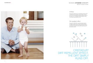 SCHOCK HYGIENE CONCEPT
                                        Making life more hygienic and carefree.




            Antibac
            Sinks used to prepare food or wash dishes and pans provide
            a breeding ground for bacteria. Schock Antibac is the first
            and so far the only antibacterial hygiene protection system for
            the kitchen sink. The integrated, natural protection mecha-
            nism reduces bacterial growth by 95%.




            Dirt repellent effect
            The premium CRISTADUR® material additionally repels dirt.
            An ultrafine, poreless structure makes it virtually impossible
            for bacteria and dirt to stick to the material‘s surface. It simply
            runs off and can easily be removed with a damp cloth and a
            little washing-up liquid.




               CRISTADUR®
    DIRT REPELLENT EFFECT.
           THE DIRT SIMPLY
                RUNS OFF.
6                                                                                 7
 