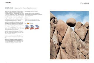 Unser Material


CRISTADUR® – Hygienisch und anmutig schimmernd

CRISTADUR® ist neben CRISTASTONE® das Premium-Material            Ihre CRISTADUR®-Vorteile in der Übersicht
                                                                                                                                           Granit
von Schock. Das Material ist speziell für die Anforderungen in
der Küche entwickelt worden. Alltagsbelastungen gehen spurlos     -Nanoclean-Effekt (Der Schmutz perlt einfach ab)
an CRISTADUR®-Spülen vorüber – Rotwein, Kaffee oder schwere       -Antibakteriell durch natürliche Silberionen (nur bei Schock)
Töpfe können ihnen nichts anhaben. Das Material ist besonders     -Extrem reinigungsfreundlich
reinigungsfreundlich, lebensmittelecht und mit Schock-Antibac     -Lebensmittelecht
ausgestattet. Dieser Hygiene-Schutz von Schock beugt dem          -Lichtecht
Bakterienwachstum durch den Einsatz natürlicher Silberionen zu    -Kratzfest
ca. 95% vor und sorgt somit für einen hygienischeren und sor-     -Fleckenresistent
genfreieren Küchenalltag. Schock-Antibac ist der erste und bis-   -Stoßfest aufgrund des sehr hohen Quartzanteils
her einzige antibakterielle Hygieneschutz für die Spüle.          -Einbau: flächenbündig, übergreifend und Unterbau

CRISTADUR® ist zudem durch seine Nanostruktur extrem fein.
Eine bisher für unerreichbar gehaltene Reinigungsfreundlichkeit                   Made in Germany
sowie der Nanoclean-Effekt (Abperleffekt) sind das Ergebnis.
Bakterien verursachender Schmutz kann sich auf der Material-
oberfläche gar nicht erst festsetzen. Er perlt einfach ab.

Ein weiteres Plus von CRISTADUR® ist seine seidige Oberfläche
– anmutig schimmernd und streichelzart zur Haut, dabei maximal
widerstandsfähig gegen Schmutz und Kratzer.

CRISTADUR®-Spülen von Schock bestehen zu ca. 85% aus
Quarz, dem härtesten Bestandteil von Granit. Sie werden daher
auch als „Granitspülen“ bezeichnet.

Gebunden wird der Granit durch hochwertiges Acryl. Die Zu-
sammensetzung aus Acryl und Granit macht die Spülen so
robust gegen Kratzer und Schmutz und bewirkt ihre Langlebig-
keit.

Die von Schock entwickelte und patentierte Granitspüle hat in
den vergangenen 20 Jahren als Premium-Spülengattung höch-
ste Anerkennung erlangt und wird mittlerweile erfolgreich über
eine Million Mal pro Jahr auf allen Kontinenten verkauft.




4                                                                                                                                                   5
 